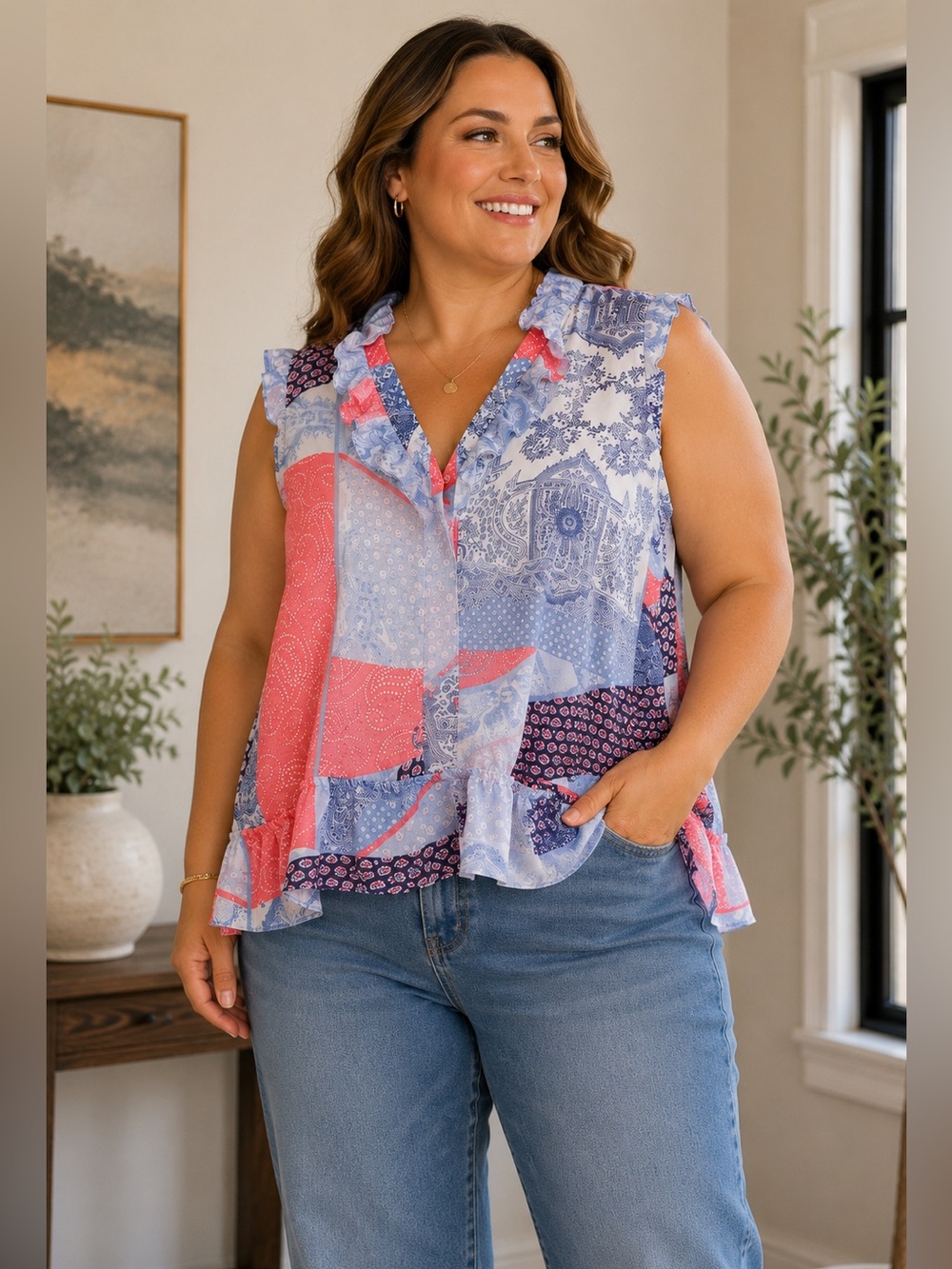 Tommy Hilfiger Pink and Blue Ruffled Blouse